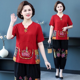 妈妈装 民族风棉麻两件套装 夏季 复古短袖 子 中老年人女装 t恤裤 夏装