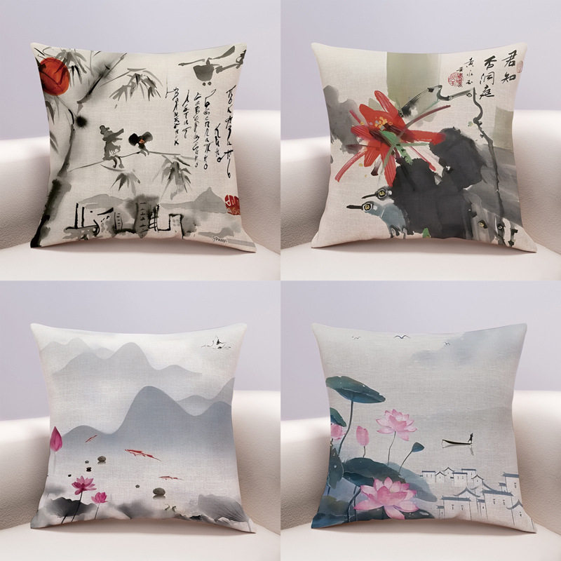 新中式水墨画棉麻抱枕现代简约沙发客厅办公室样板间腰枕套靠枕靠