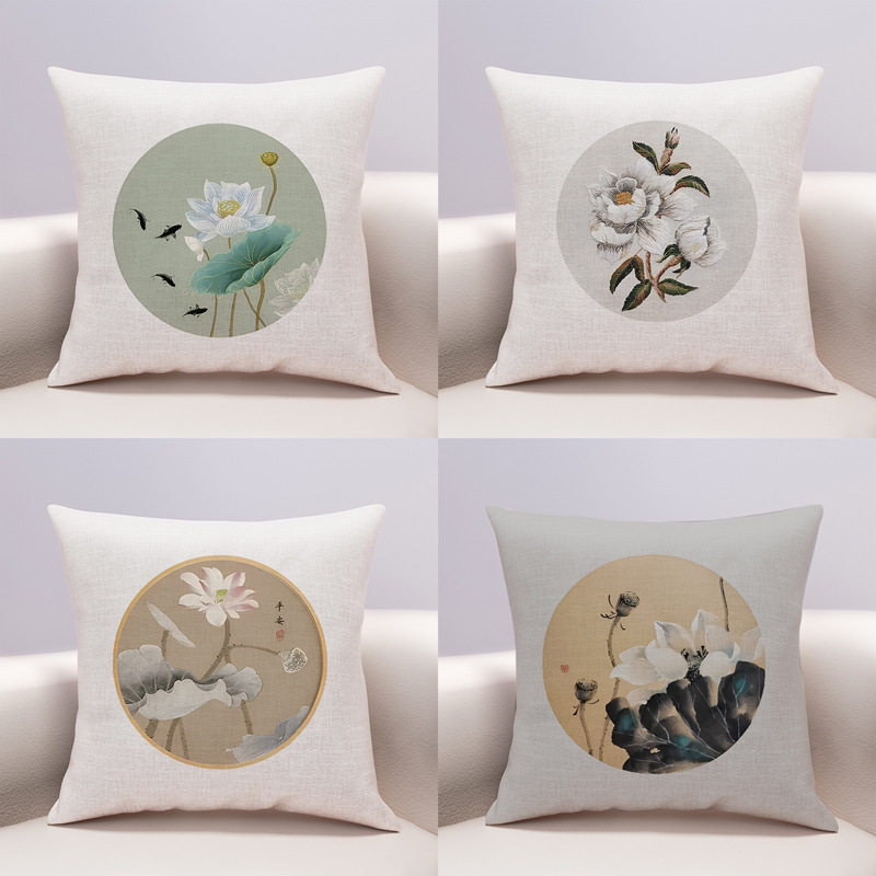 新中式圆形花棉麻抱枕现代简约沙发客厅办公室样板间腰枕套靠枕靠