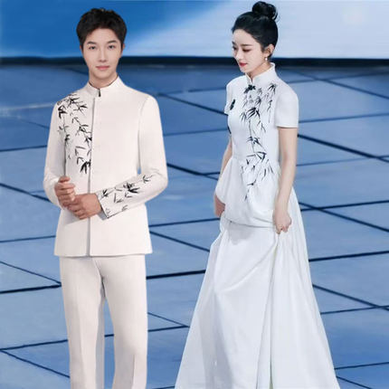春晚国色赵丽颖同款礼服竹子水墨新中式大合唱团演出服女长裙旗袍