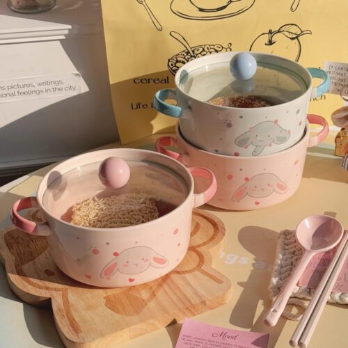 可爱小象泡面碗带盖大容量宿舍学生专用陶瓷面碗双耳螺蛳粉碗餐具