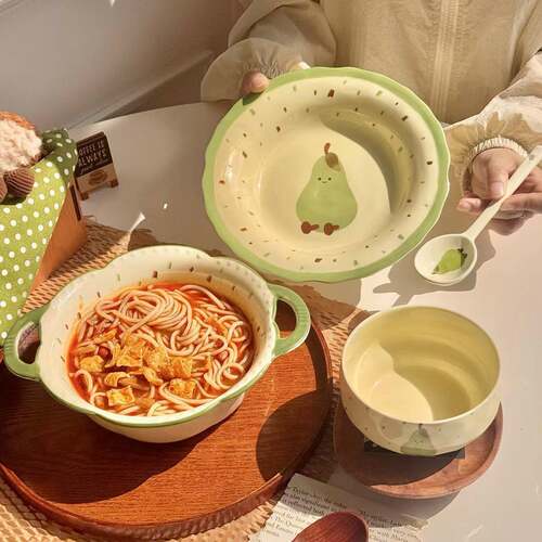 可爱绿梨陶瓷碗一人食餐具家用双耳陶瓷汤碗饭碗早餐盘子碗碟套装