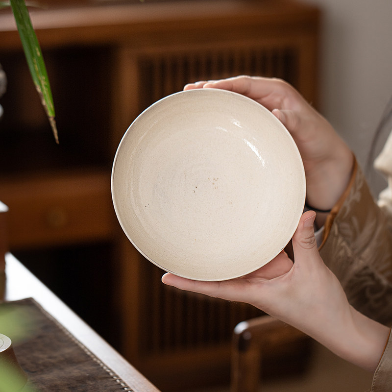 景德镇手工粗陶乳白壶承粉引茶点碟复古粗陶果盘可作壶承茶道配件
