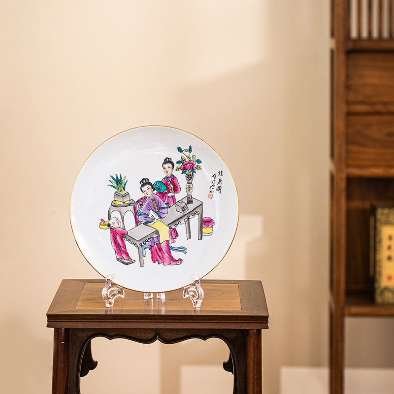 景德镇陶瓷手绘粉彩描金挂盘 三娘教子图案赏盘 复古玄关艺术品