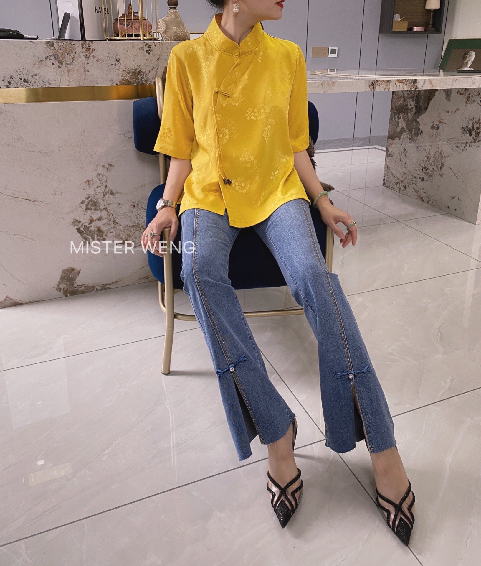 翁先森自制 弹力棉透气水钻复古丹宁色微喇牛仔裤 盘扣国风大长腿