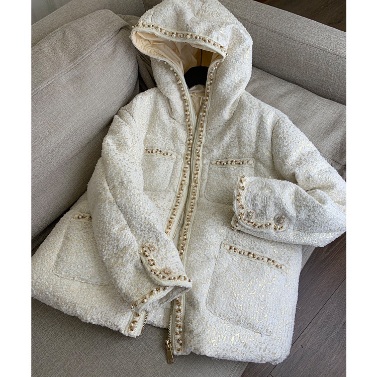 【翁先森的店】羊毛粗花呢重工钉珠香枫厚保暖连帽羽绒服精致外套