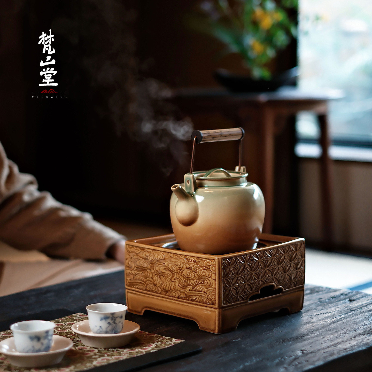梵山堂苏打釉赤金琉璃松影琉璃雕刻祥云电陶炉煮茶炉功夫茶具