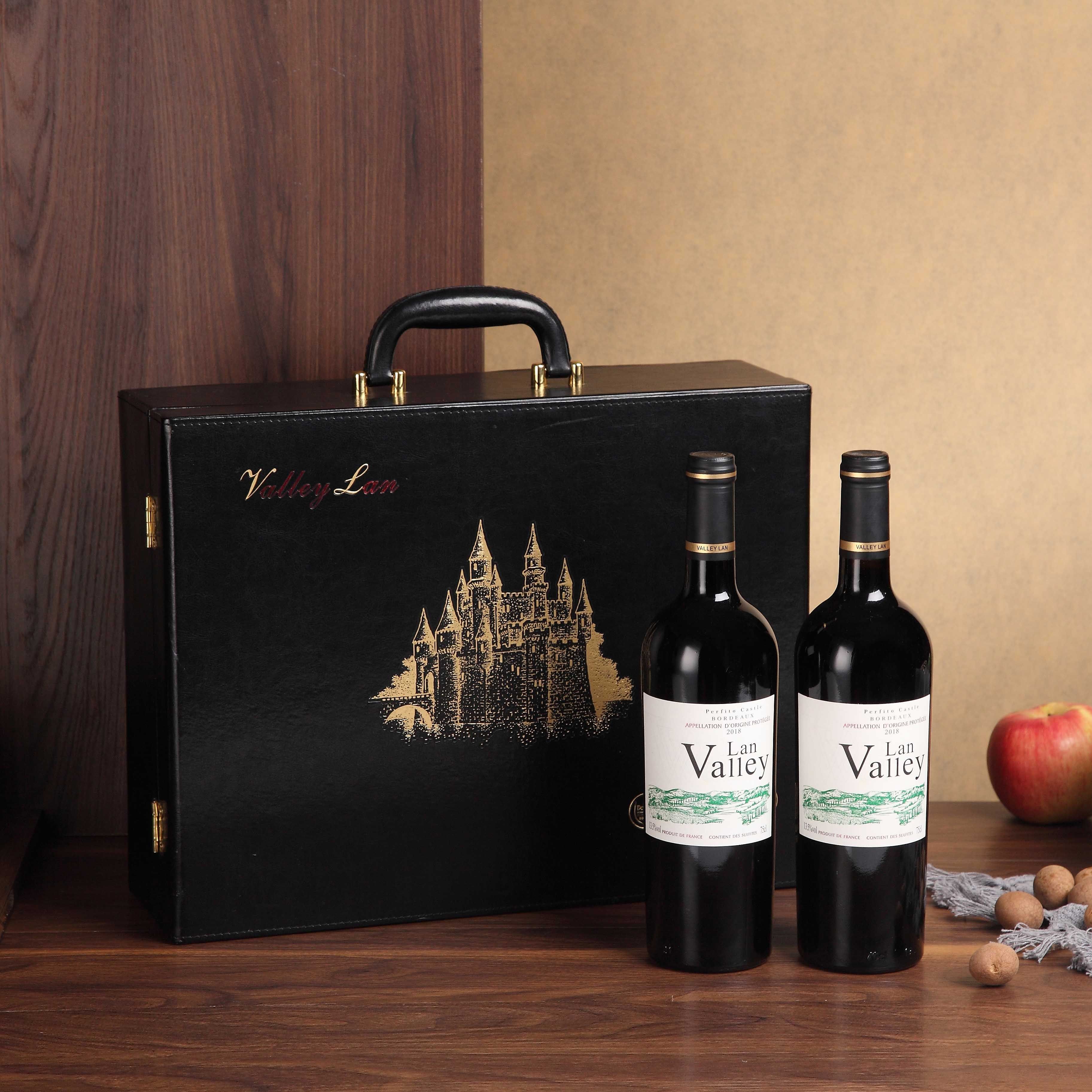 波尔多进口红酒皮盒整箱法国原装干红葡萄酒2支礼盒装750ml/瓶