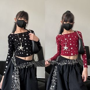 秋季新款童装甜酷女童修身露脐T恤长袖少儿女团爵士舞街舞上衣