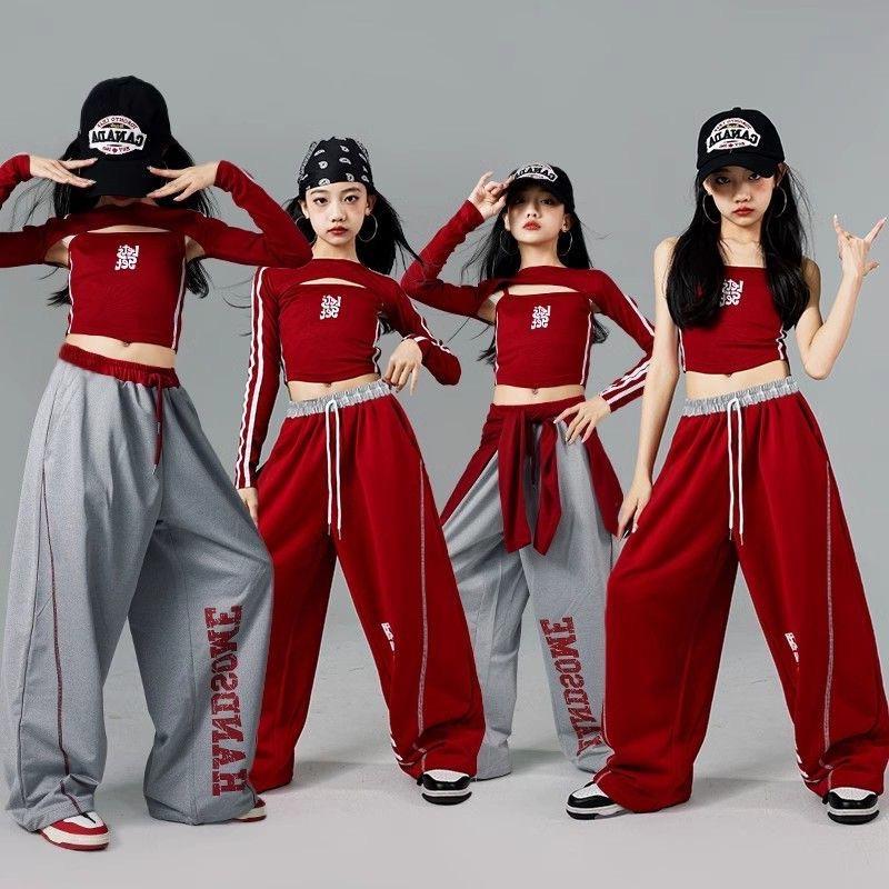 元旦女童红jazz爵士舞练功服上衣演出服儿童装街舞服装少儿裤子潮