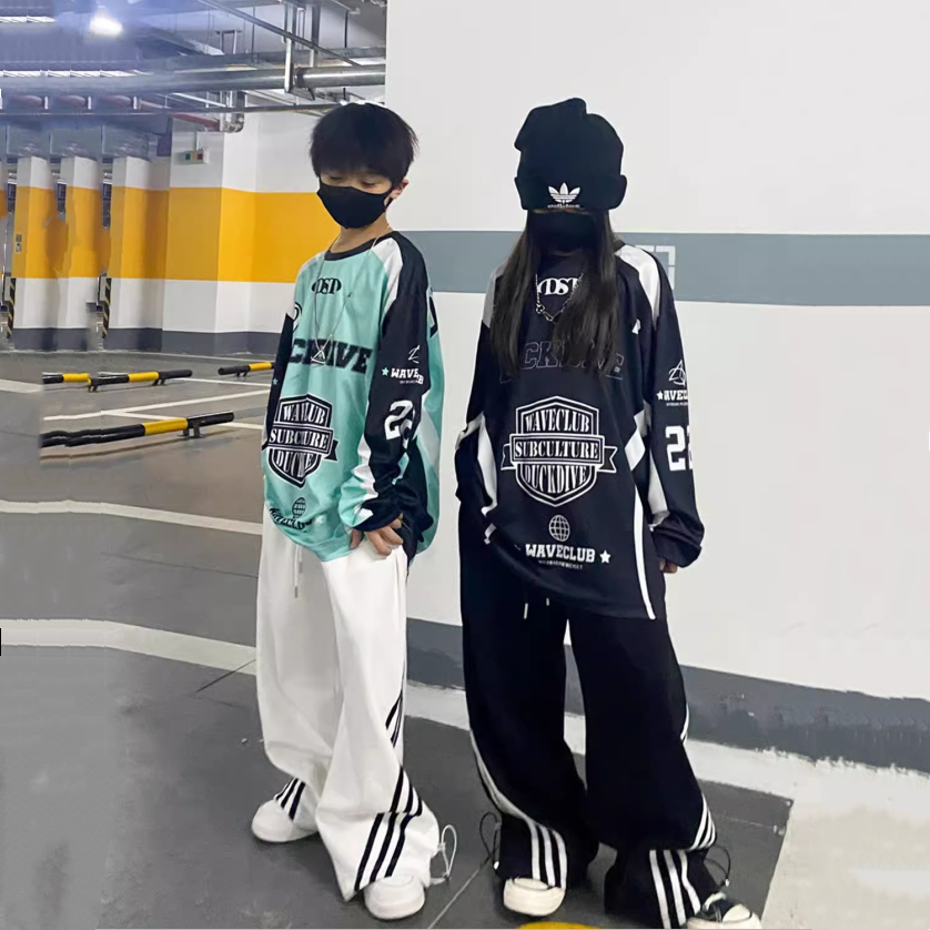 潮酷男女儿童韩国宽松嘻哈速干街舞长袖T恤休闲裤帅气舞蹈演出服