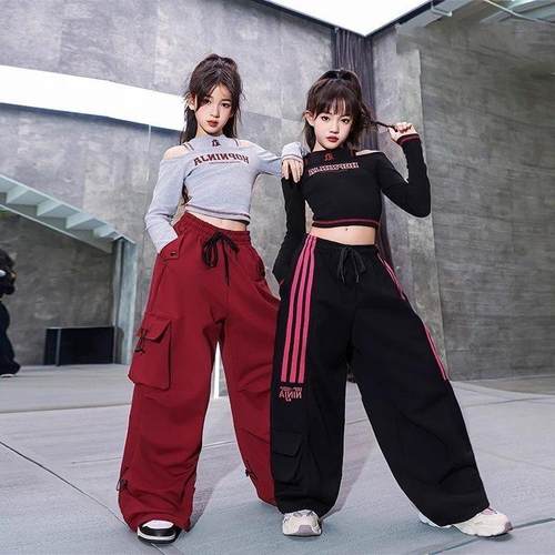 女童爵士舞服套装长袖T恤露脐