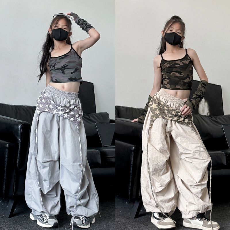 2025新款女童爵士舞套装洋气时髦迷彩吊带阔腿裤两件套少儿街舞服