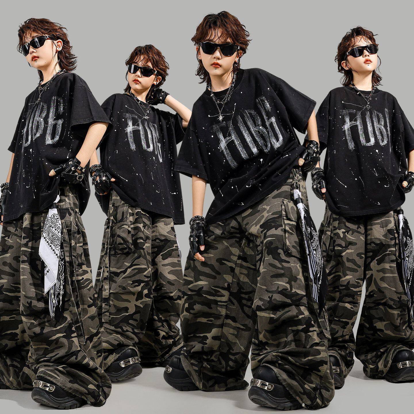 街舞儿童潮服嘻哈男童痞帅hiphop潮牌童装宽松女童字母复古套装夏