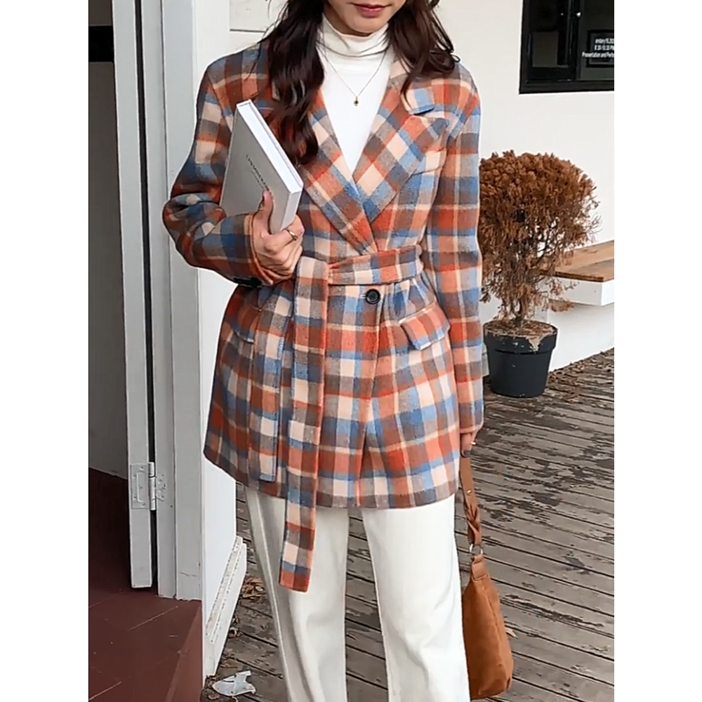 彩色格子阿尔巴卡羊驼绒大衣女小个子复古西装领系带显瘦毛呢外套