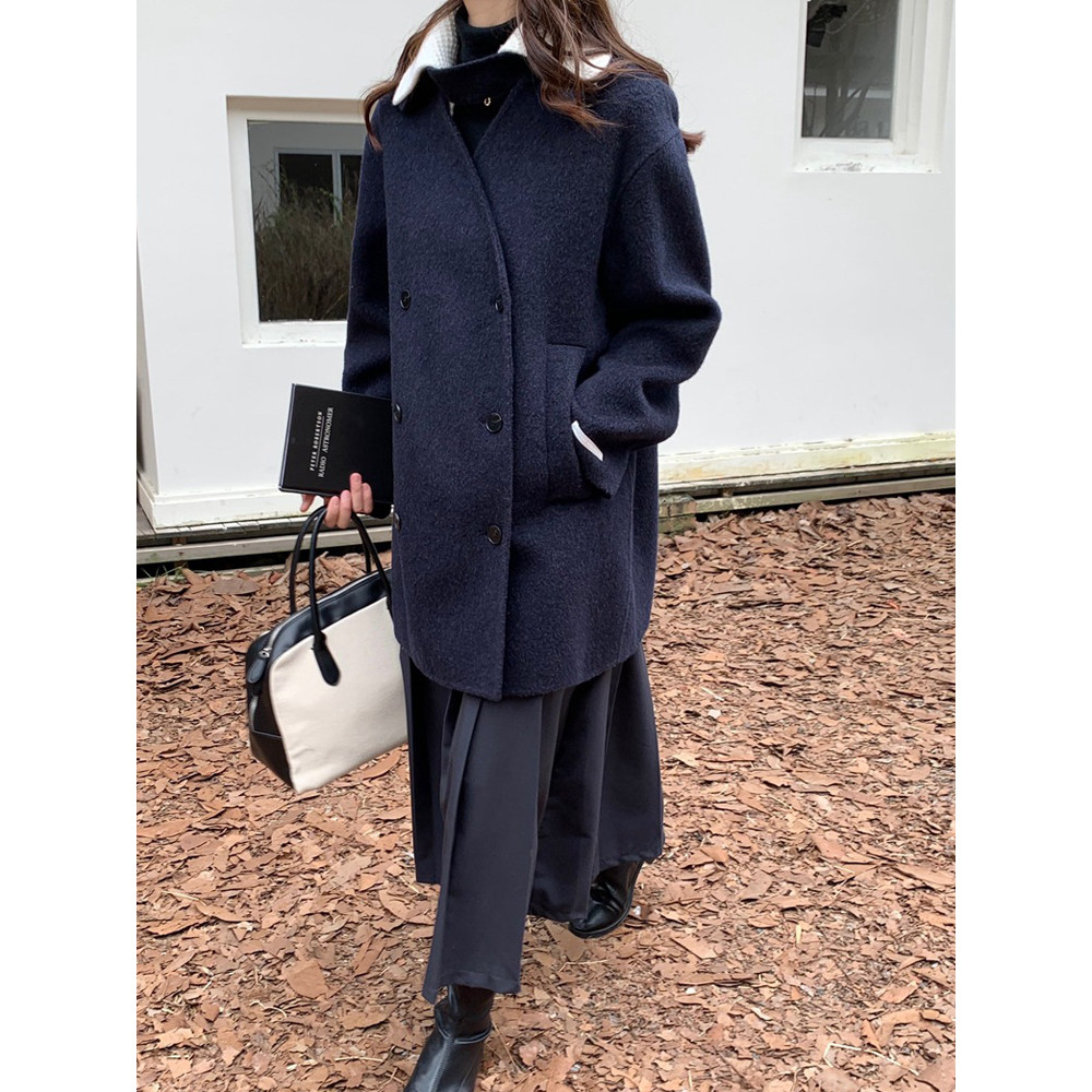 阿尔巴卡羊驼绒大衣女小个子设计感可拆卸针织领百搭双面毛呢外套