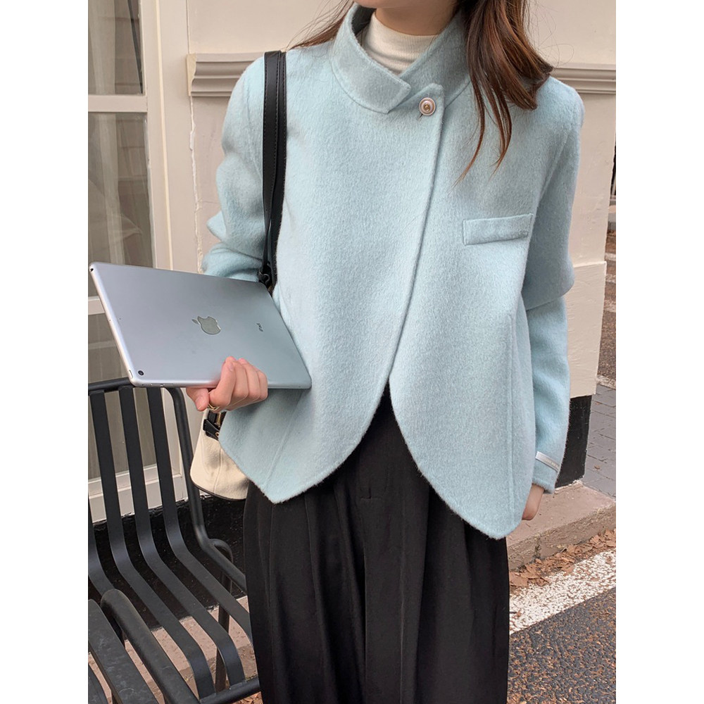 韩版设计感双面羊驼绒大衣女短款小个子立领西装毛呢外套2023新款