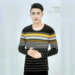 逸如枫男士莱卡弹力棉细条纹圆领舒绒中厚秋衣裤保暖内衣套装2963