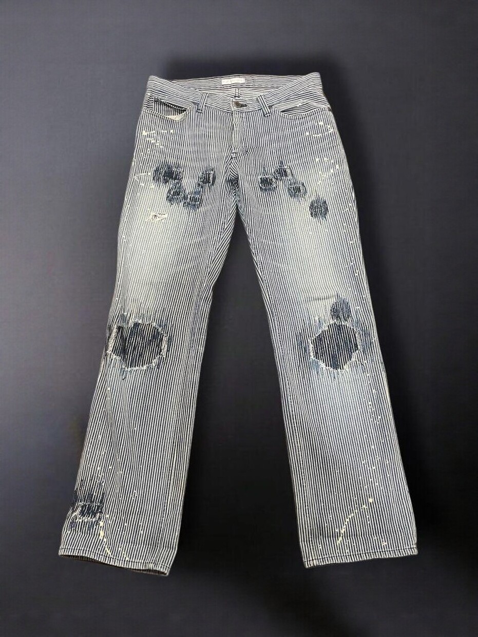 Exclusive Numbernine Style Miyagawa Kiyotaka and Kimura Takuja Same Style Original Bullet Hole Splash Ink Striped Jeans
