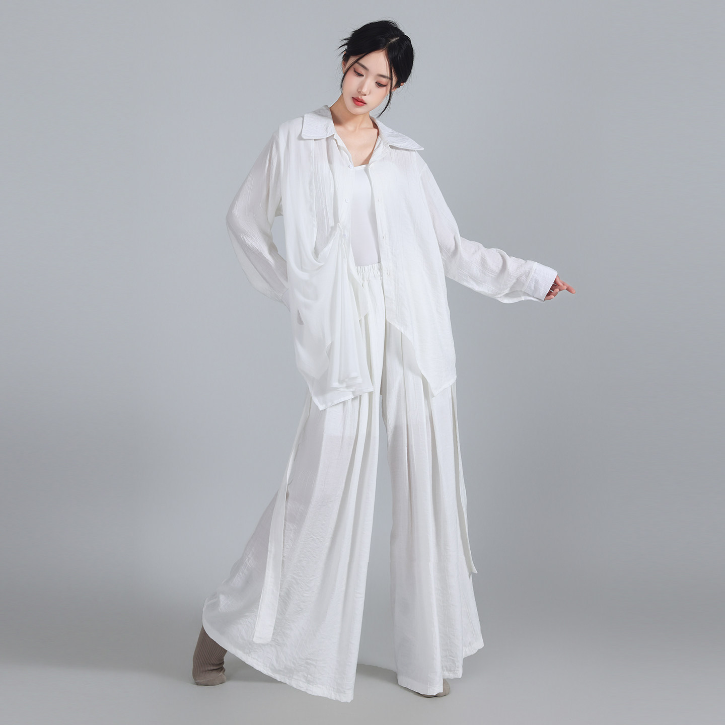 古典舞蹈服女形体长袖上衣飘逸白色衬衫套装现代中国风舞蹈练功服