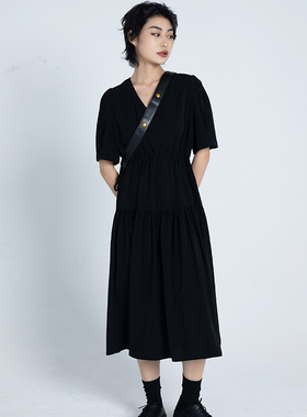 2023抽绳新款收腰中长款雪纺连衣裙女 黑色短袖宽松气质长裙夏