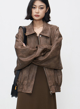 小君君布兰妮 重工做旧美式甜酷复古夹克皮衣女秋装新款长短外套