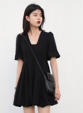 CYX STUDIO复古小众梯型领花苞裙黑色泡泡袖连衣裙女夏中裙小黑裙