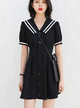 2021新款高腰复古学院风v领撞色海军领连衣裙a字收腰裙子夏季