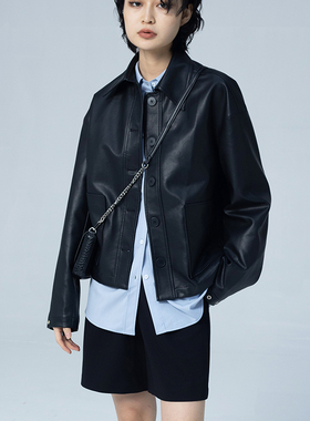 CHICVEN「情绪自由」潮酷复古休闲宽松翻领机车PU皮衣外套女春季