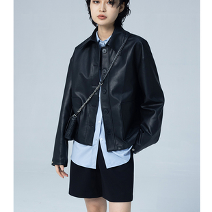 CHICVEN「情绪自由」潮酷复古休闲宽松翻领机车PU皮衣外套女春季