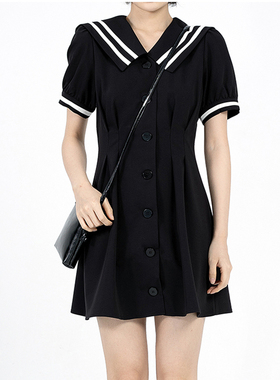 CYX STUDIO新款高腰复古学院风v领撞色海军领连衣裙