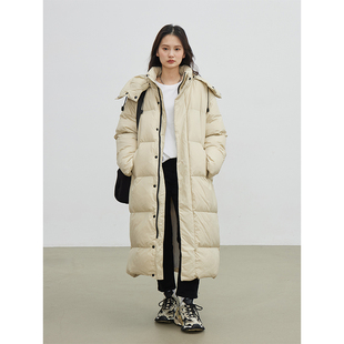 90白鸭绒羽绒服2024冬女 立领连帽撞色长款 CHICVEN 小众韩版
