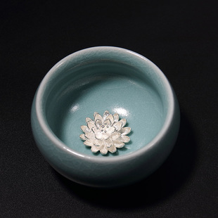 999纯银手工镶银功夫茶杯银鱼杯汝窑开片茶具鎏金品茗杯主人杯