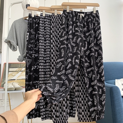 夏季薄款直筒高腰冰丝休闲长裤松紧腰绑带字母束脚口宽松裤子女