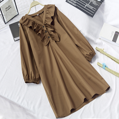 9835 宽松木耳荷叶边V领2020休闲女装秋季小个子chic连衣裙