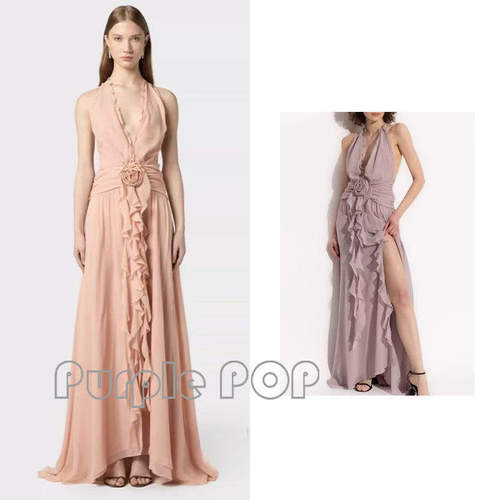 POP买手店 Blumarine 早春新款纯色挂脖露背绑带收腰连衣裙