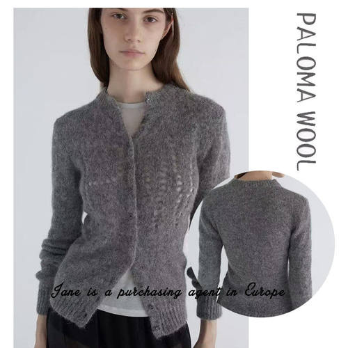 国现 西班牙PALOMA WOOL羊毛混纺钩花针织圆领单排扣毛衣开衫