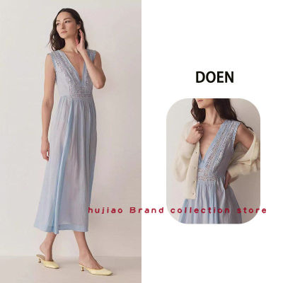 煳椒 DOEN 新款法式浪漫刺绣V领蕾丝拼接无袖长款连衣裙