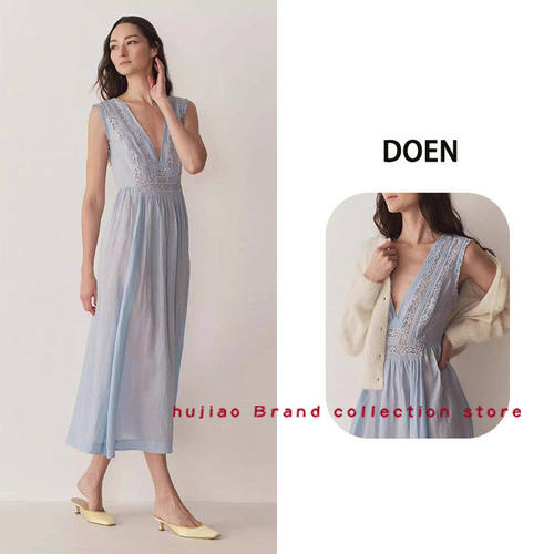煳椒 DOEN 新款法式浪漫刺绣V领蕾丝拼接无袖长款连衣裙