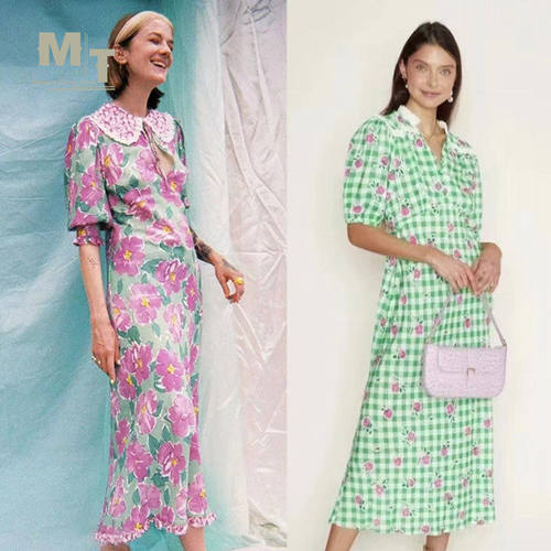 【MTS】 RIXO 拼色花卉碎花格纹收口泡泡袖翻领长款过膝连衣裙