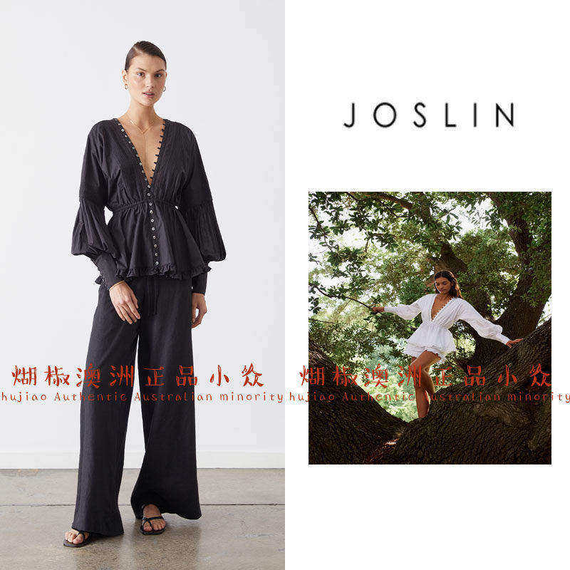 煳椒 澳洲 Joslin纯白泡泡长袖蕾丝花边露背褶皱系带收腰衬衫