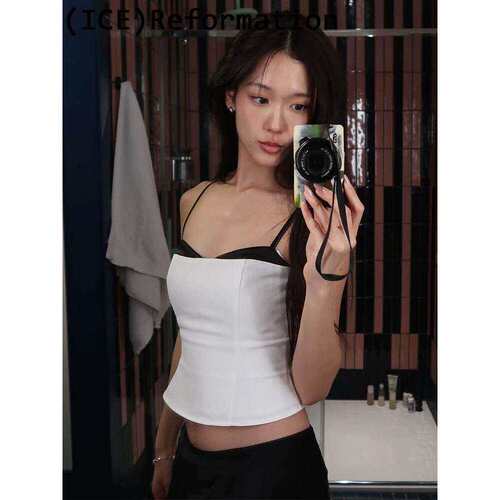 背心25新品黑白拼色真丝吊带上衣