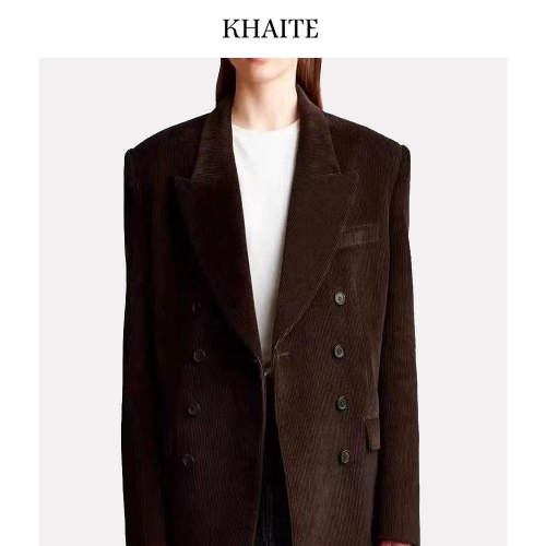 KHAITE 复古老钱风灯芯绒西装女双排扣翻领外套