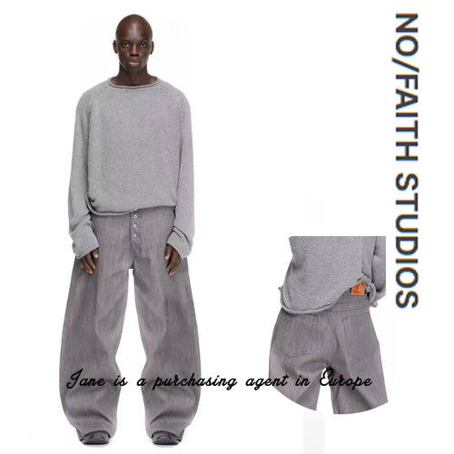 国现 美国 No faith studios 灰色牛弯刀阔挺立体水洗牛仔裤
