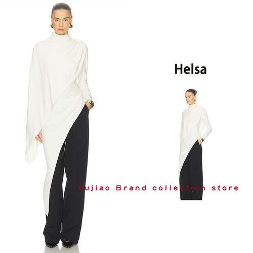 煳椒 Helsa 新品白色半高领斗篷式不对称披肩领斜摆衬衫