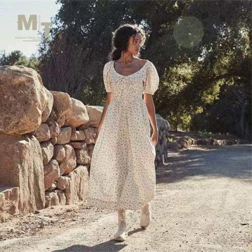 【MTS】 DOEN 新品复古少女风圆领系带碎花泡泡袖法式过膝连衣裙