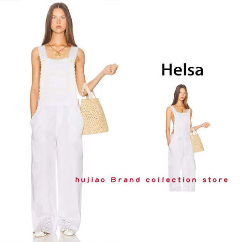 煳椒 Helsa 秋季新款纯色花边背带裤蕾丝花边阔腿连身裤长裤
