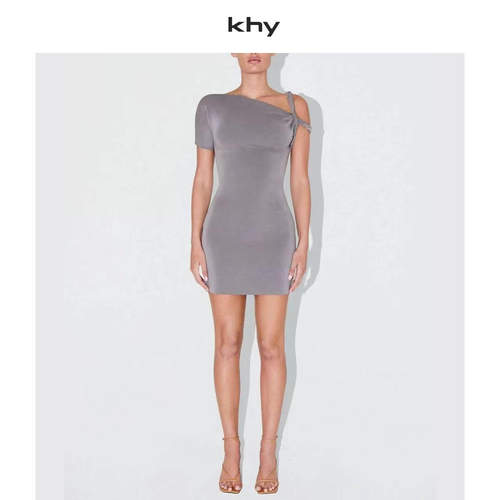 KHY 新款性感风露肩扭结绑带修身包臀连衣裙女