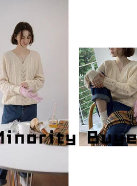 现货 买手店 Modest Mood 22气质通勤纯色V领羊毛镂空针织衫毛衣