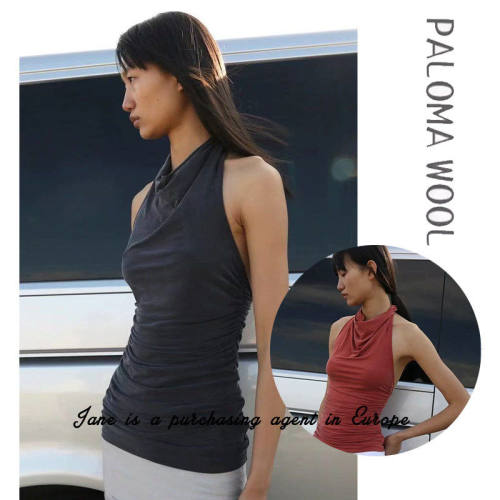 国现 西班牙PALOMA WOOL复古铜氨丝弹力挂脖无袖露背设计背心